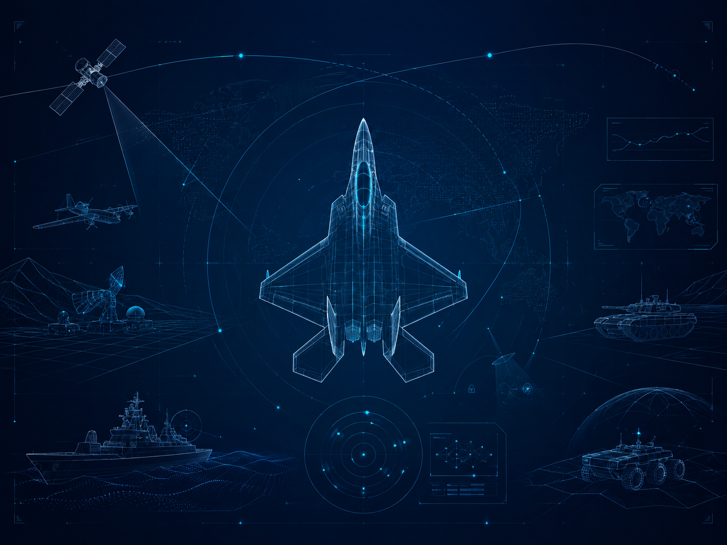 Defence strategic-systems panel: aircraft, naval, space and networked assets.