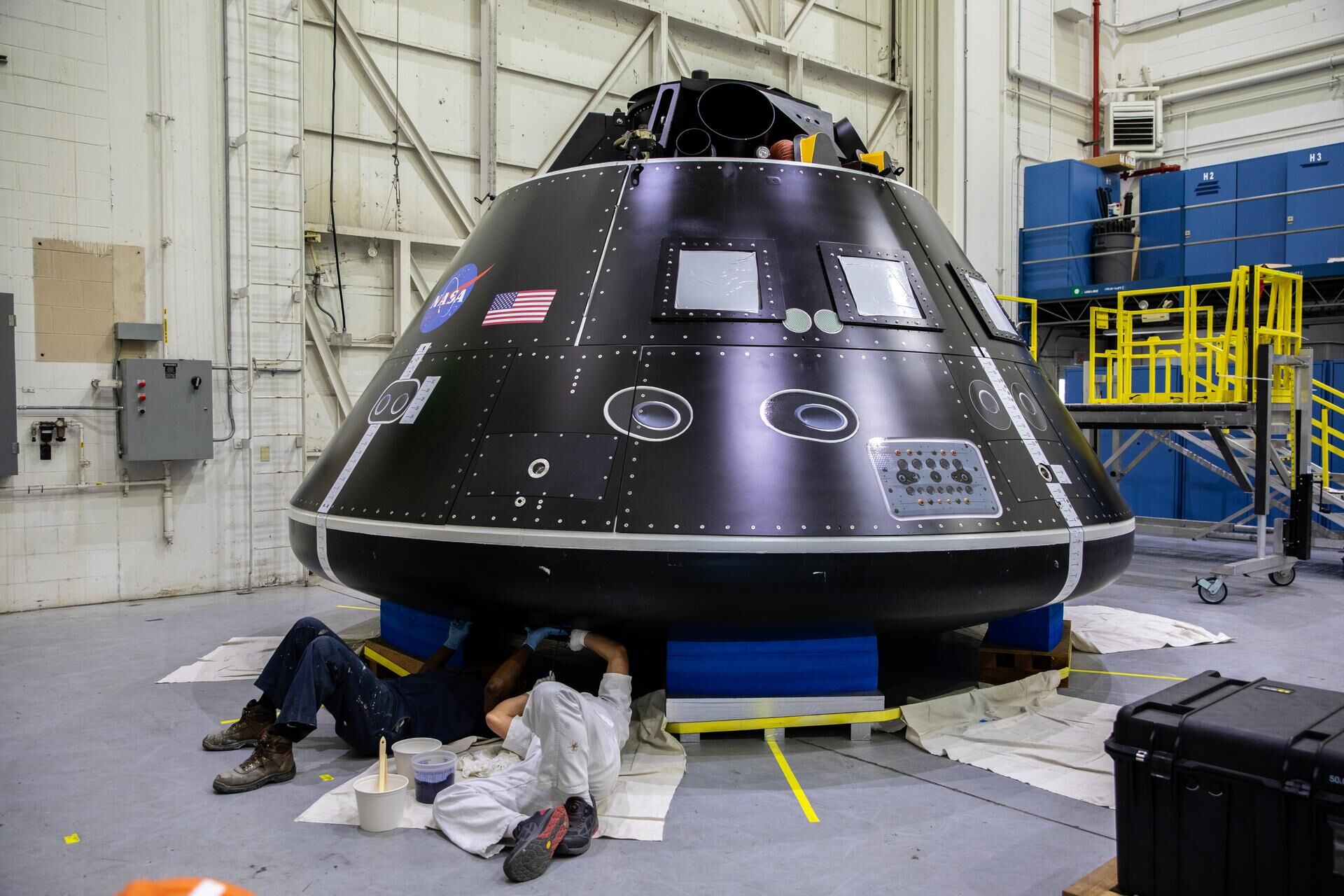The Artemis Orion crew module test article (CMTA) is in view in the high bay inside the Launch Equipment Test Facility at NASA's Kennedy Space Center in Florida on March 18, 2022. The CMTA is used to practice recovery after splashdown of the Orion spacecraft to prepare for Artemis missions. Exploration Ground Systems leads recovery efforts.